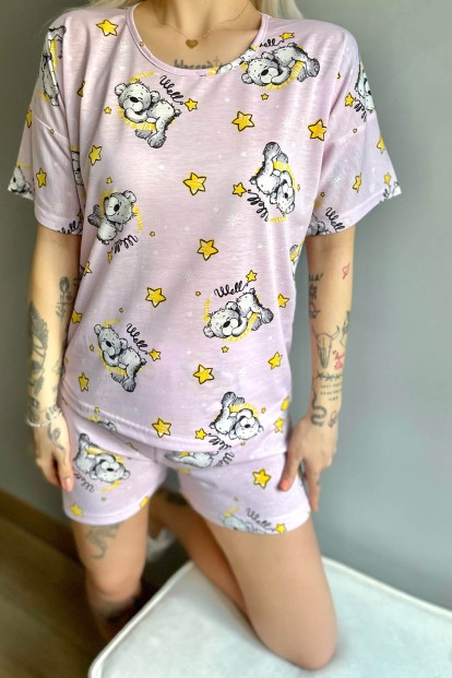 Toz Pembe Bear Stars Baskılı Şortlu Kadın Pijama Takımı - 4