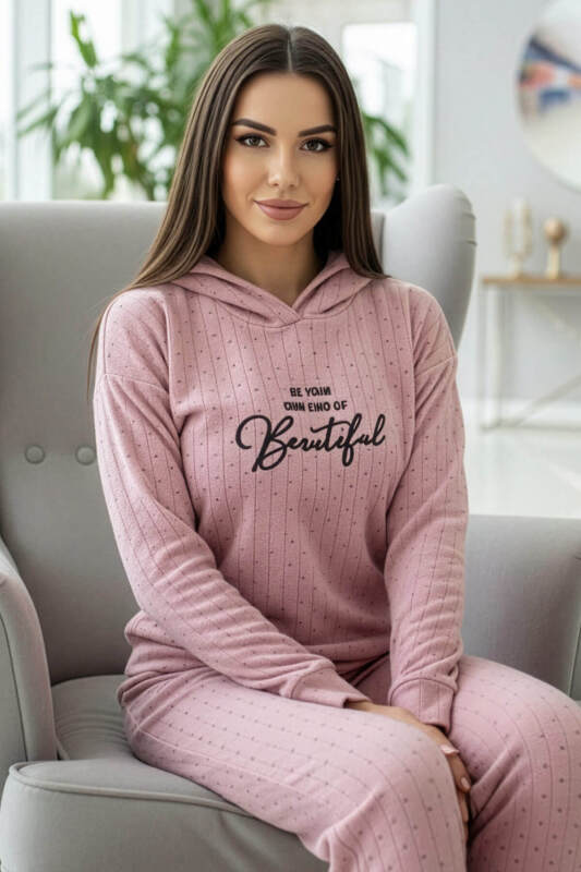 Toz Pembe Beautiful Desenli Kapşonlu Peluş Polar Pijama Takımı - Pijamaevi