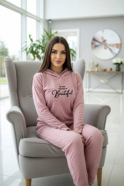 Toz Pembe Beautiful Desenli Kapşonlu Peluş Polar Pijama Takımı - 3