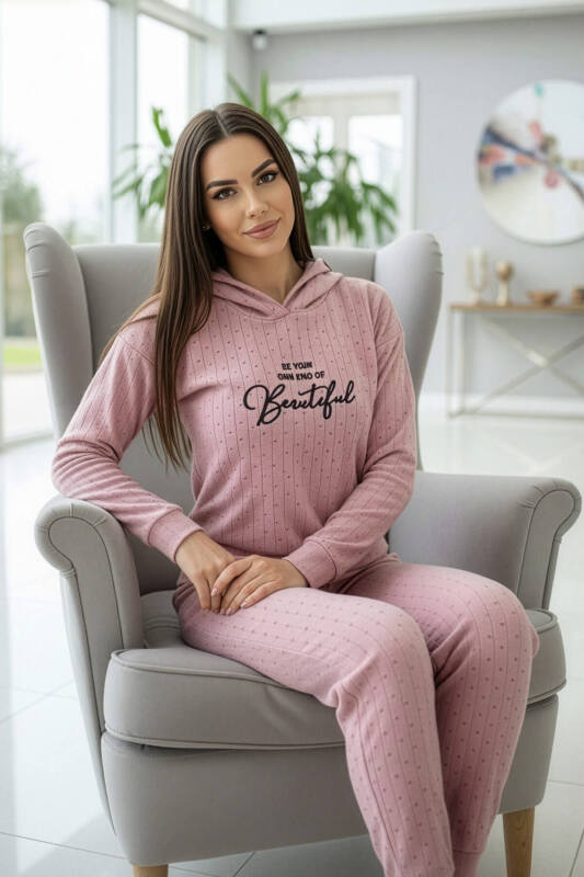 Toz Pembe Beautiful Desenli Kapşonlu Peluş Polar Pijama Takımı - Pijamaevi (3)