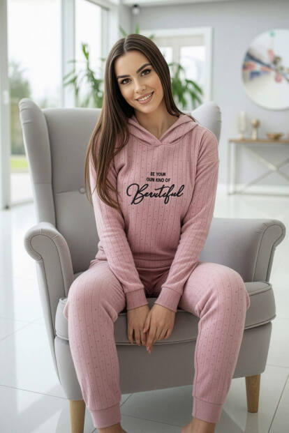 Toz Pembe Beautiful Desenli Kapşonlu Peluş Polar Pijama Takımı - 5