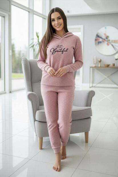 Toz Pembe Beautiful Desenli Kapşonlu Peluş Polar Pijama Takımı - 6