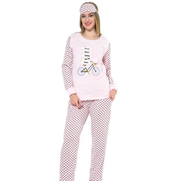 Toz Pembe Bisiklet Desenli Kadın Peluş Pijama Takımı - 2