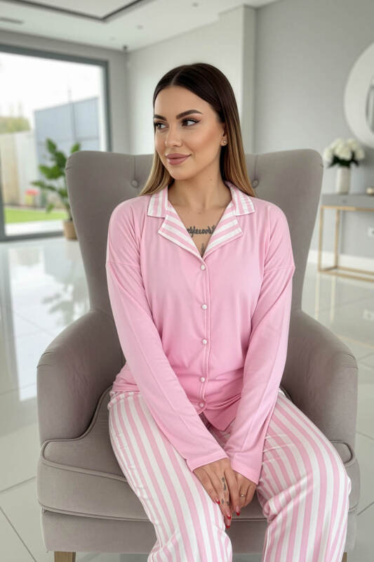 Toz Pembe Çizgi Desenli Bambu Önden Düğmeli Uzun Kol Kadın Pijama Takımı - Pijamaevi (1)