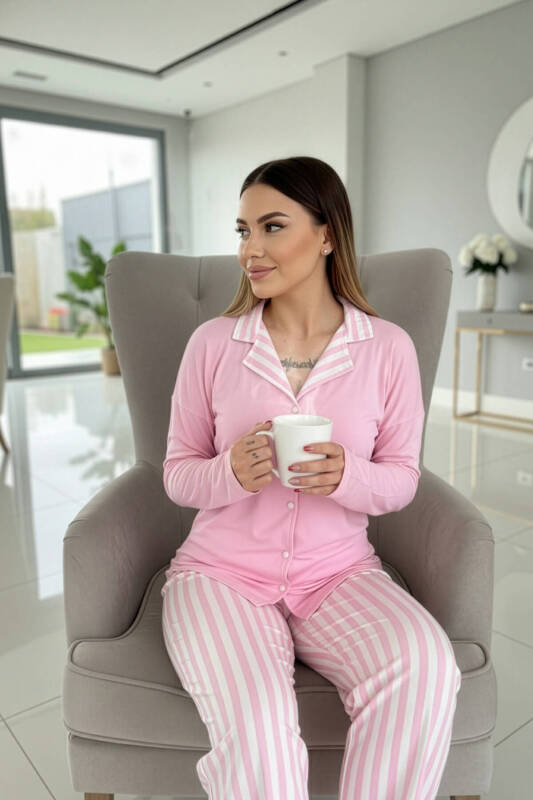 Toz Pembe Çizgi Desenli Bambu Önden Düğmeli Uzun Kol Kadın Pijama Takımı - Pijamaevi (2)