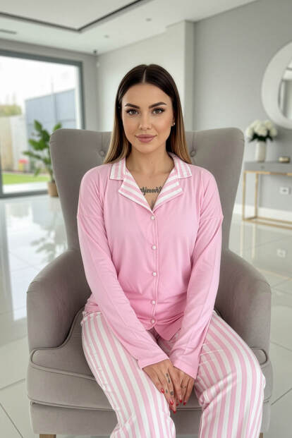 Toz Pembe Çizgi Desenli Bambu Önden Düğmeli Uzun Kol Kadın Pijama Takımı - 4