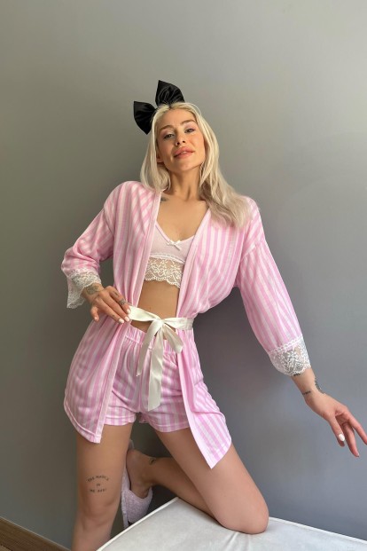 Toz Pembe Çizgi Desenli Sabahlıklı Bralet Örme Pijama Takımı - 4