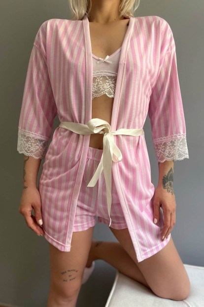 Toz Pembe Çizgi Desenli Sabahlıklı Bralet Örme Pijama Takımı - 5