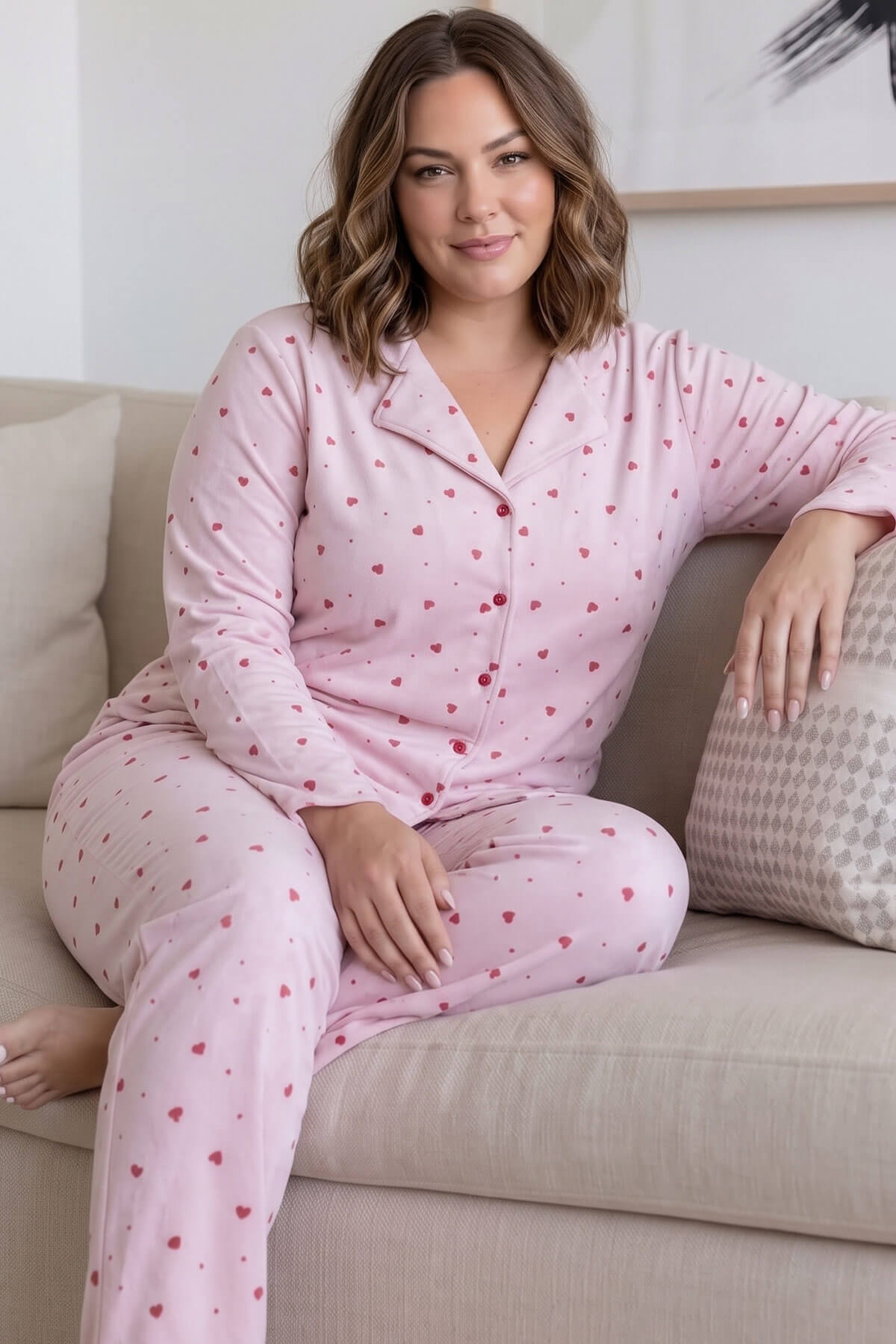 Toz Pembe Cuore Önden Düğmeli Battal Büyük Beden Süet Kadın Pijama Takımı  - Pijamaevi
