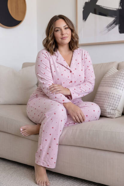 Toz Pembe Cuore Önden Düğmeli Battal Büyük Beden Süet Kadın Pijama Takımı  - 5