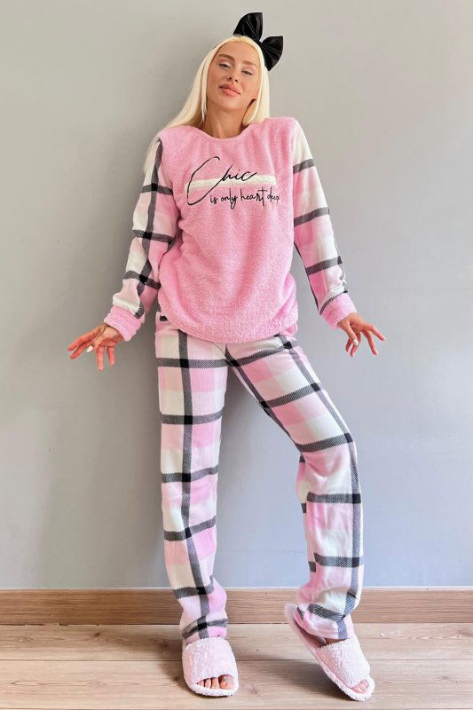 Toz Pembe Deep Chic Desenli Kadın Peluş Pijama Takımı - Pijamaevi (3)