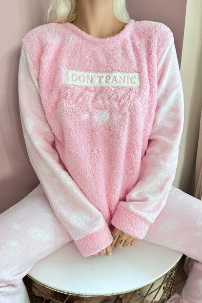 Toz Pembe Dont Panic Desenli Kadın Peluş Pijama Takımı - 5