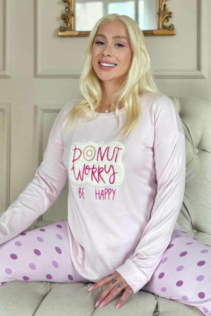 Toz Pembe Donut Worry Desenli Termal Kadın Pijama Takımı - 1