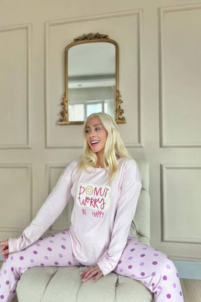 Toz Pembe Donut Worry Desenli Termal Kadın Pijama Takımı - 3