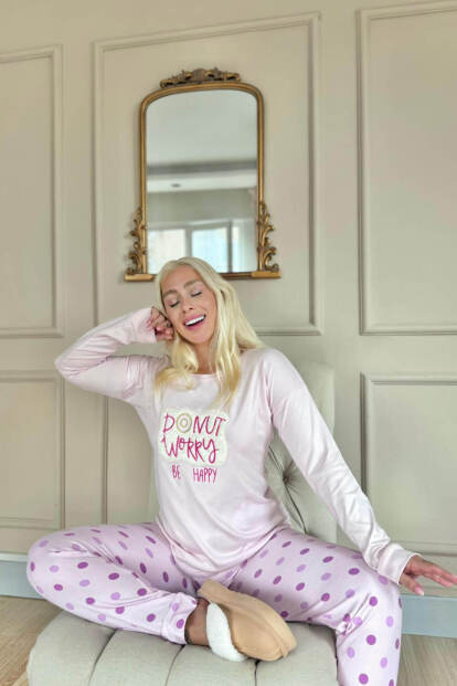 Toz Pembe Donut Worry Desenli Termal Kadın Pijama Takımı - 4
