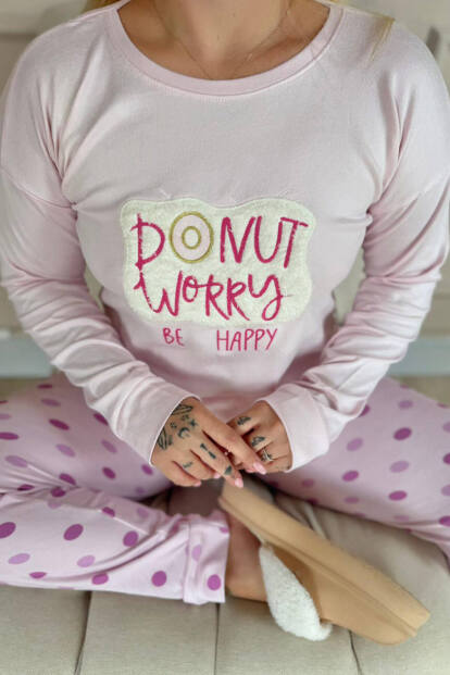 Toz Pembe Donut Worry Desenli Termal Kadın Pijama Takımı - 5