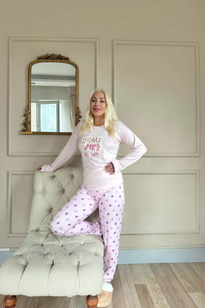 Toz Pembe Donut Worry Desenli Termal Kadın Pijama Takımı - 6