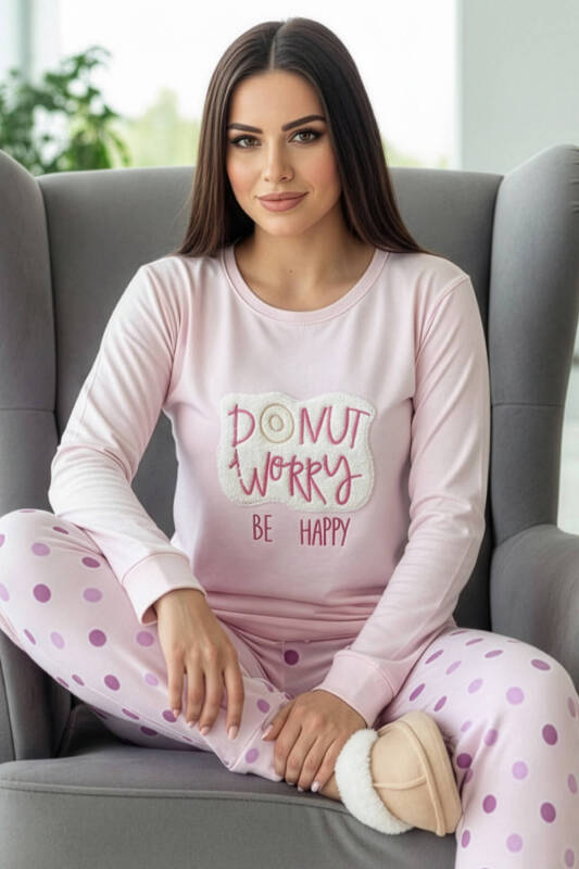 Toz Pembe Donut Worry Desenli Termal Kadın Pijama Takımı - Pijamaevi