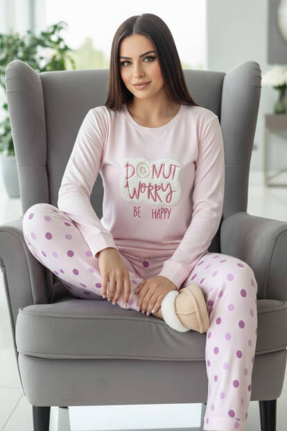 Toz Pembe Donut Worry Desenli Termal Kadın Pijama Takımı - 2