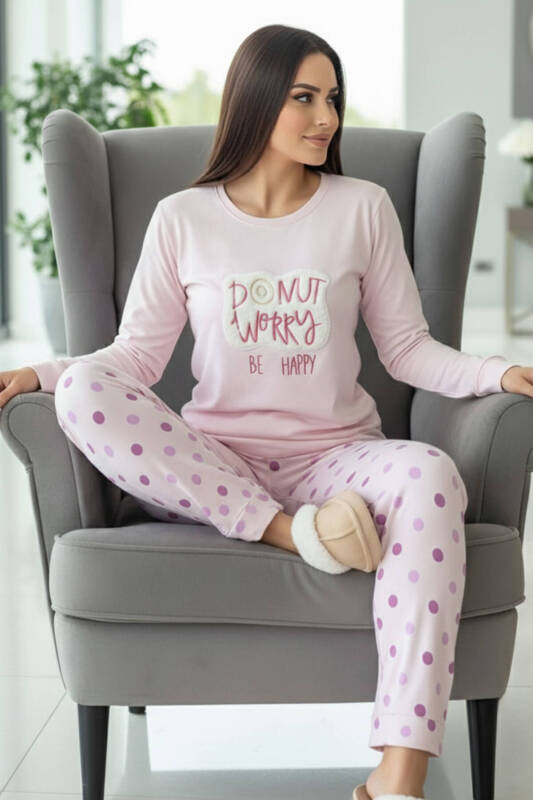 Toz Pembe Donut Worry Desenli Termal Kadın Pijama Takımı - Pijamaevi (2)