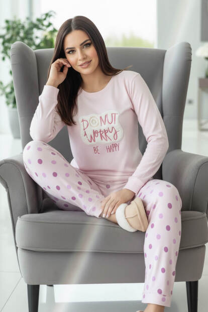 Toz Pembe Donut Worry Desenli Termal Kadın Pijama Takımı - 4