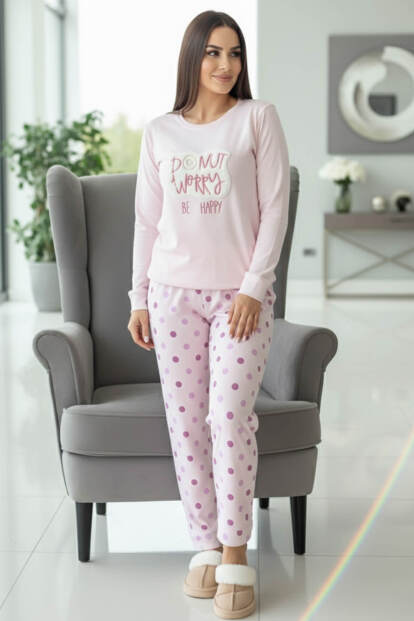 Toz Pembe Donut Worry Desenli Termal Kadın Pijama Takımı - 5