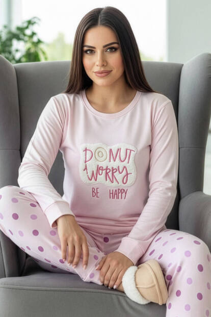 Toz Pembe Donut Worry Desenli Termal Kadın Pijama Takımı - 6