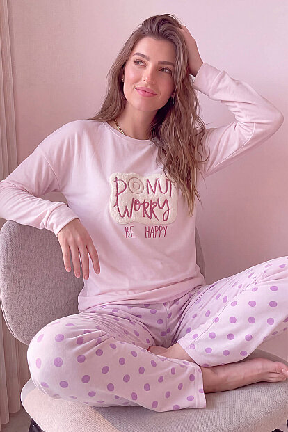 Toz Pembe Donut Worry Desenli Termal Kadın Pijama Takımı 