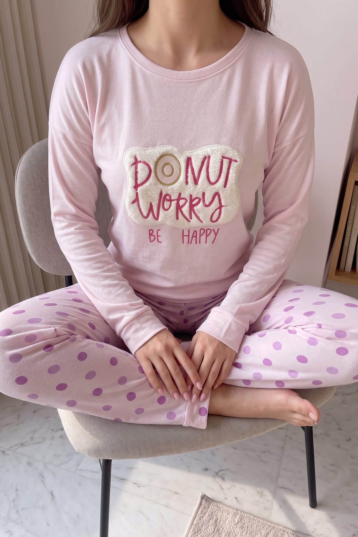 Toz Pembe Donut Worry Desenli Termal Kadın Pijama Takımı - Pijamaevi (3)