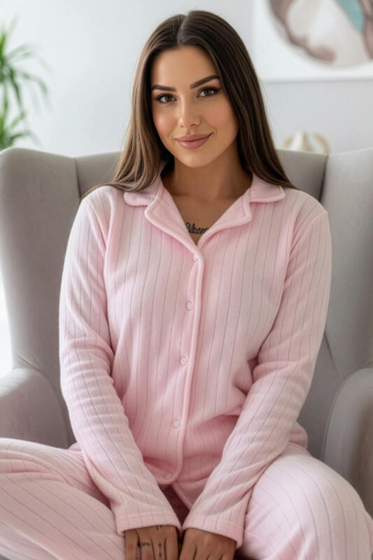 Toz Pembe Dotted Desenli Önden Düğmeli Peluş Polar Pijama Takımı - Pijamaevi