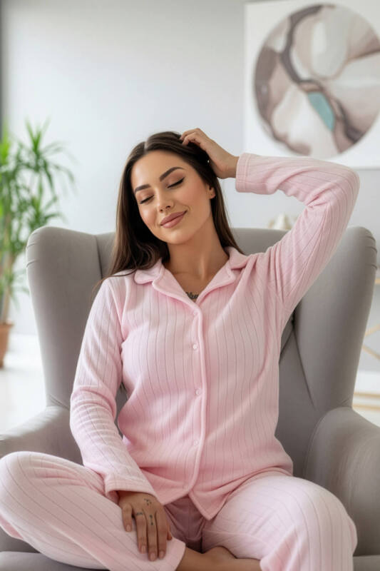 Toz Pembe Dotted Desenli Önden Düğmeli Peluş Polar Pijama Takımı - Pijamaevi (1)