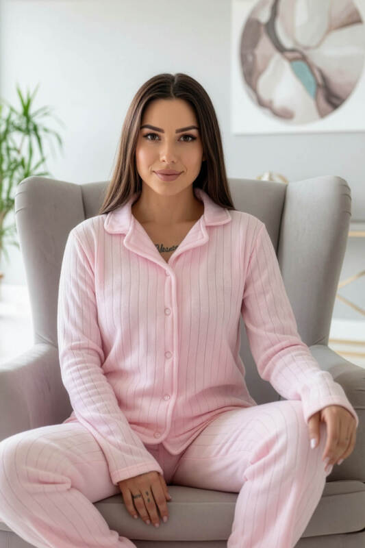 Toz Pembe Dotted Desenli Önden Düğmeli Peluş Polar Pijama Takımı - Pijamaevi (2)