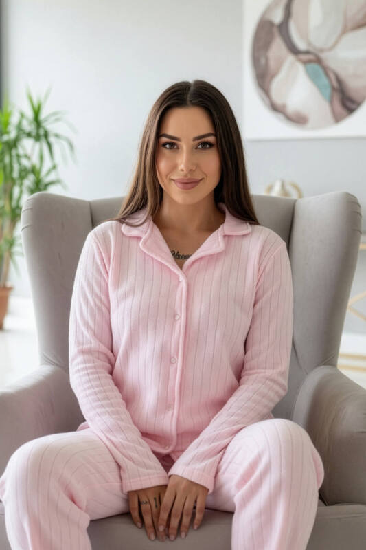 Toz Pembe Dotted Desenli Önden Düğmeli Peluş Polar Pijama Takımı - Pijamaevi (3)