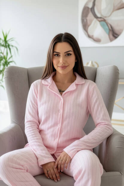 Toz Pembe Dotted Desenli Önden Düğmeli Peluş Polar Pijama Takımı - 5