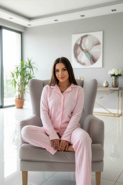 Toz Pembe Dotted Desenli Önden Düğmeli Peluş Polar Pijama Takımı - 6