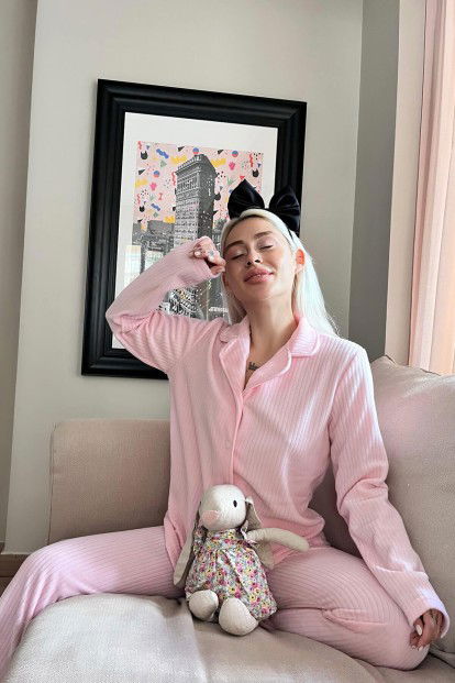 Toz Pembe Düz Önden Düğmeli Peluş Polar Pijama Takımı - 2