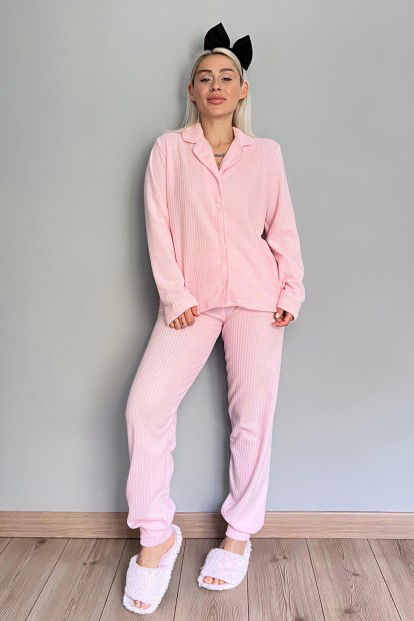 Toz Pembe Düz Önden Düğmeli Peluş Polar Pijama Takımı - 5