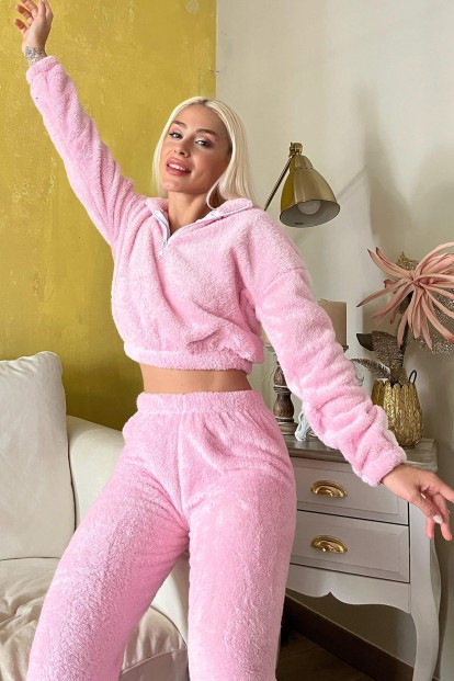 Toz Pembe Fermuar Detaylı Crop Tam Peluş Pijama Takımı - 1