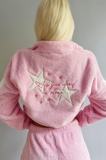 Toz Pembe Fermuar Detaylı Crop Tam Peluş Pijama Takımı - 4