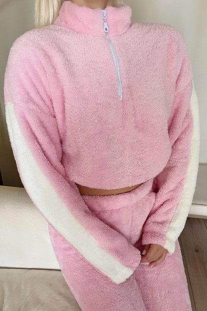 Toz Pembe Fermuar Detaylı Crop Tam Peluş Pijama Takımı - 5