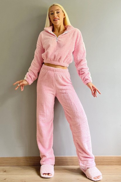 Toz Pembe Fermuar Detaylı Crop Tam Peluş Pijama Takımı - 6