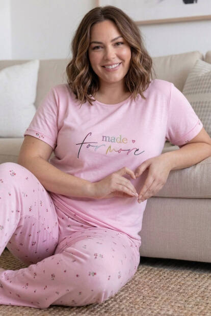 Toz Pembe For more Desenli Büyük Beden Battal Bambu Kısa Kol Kadın Pijama Takımı 