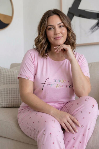 Toz Pembe For more Desenli Büyük Beden Battal Bambu Kısa Kol Kadın Pijama Takımı - 2