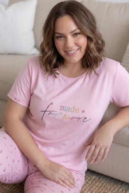 Toz Pembe For more Desenli Büyük Beden Battal Bambu Kısa Kol Kadın Pijama Takımı - 4