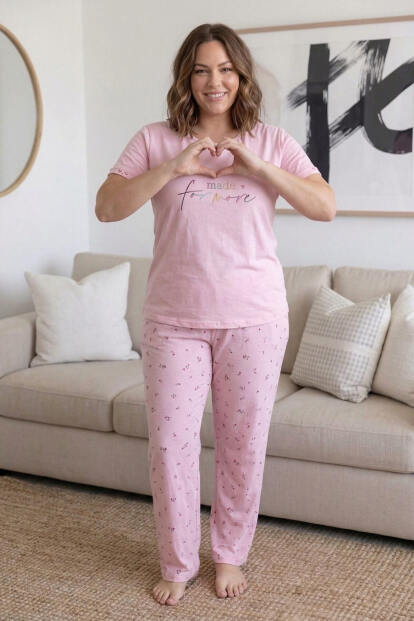 Toz Pembe For more Desenli Büyük Beden Battal Bambu Kısa Kol Kadın Pijama Takımı - 5