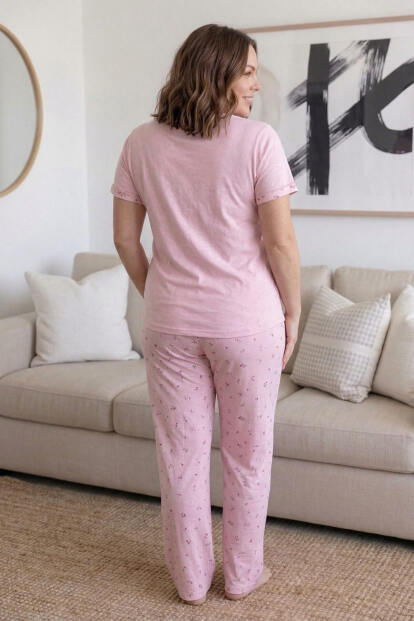 Toz Pembe For more Desenli Büyük Beden Battal Bambu Kısa Kol Kadın Pijama Takımı - 6