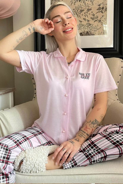 Toz Pembe Good Baskılı Örme Önden Düğmeli Kısa Kol Kadın Pijama - 1