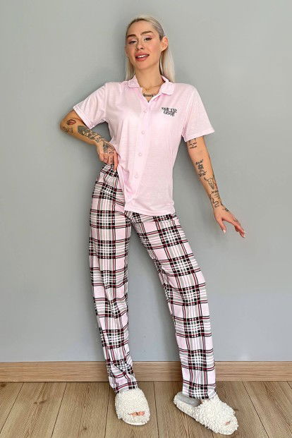Toz Pembe Good Baskılı Örme Önden Düğmeli Kısa Kol Kadın Pijama - 5