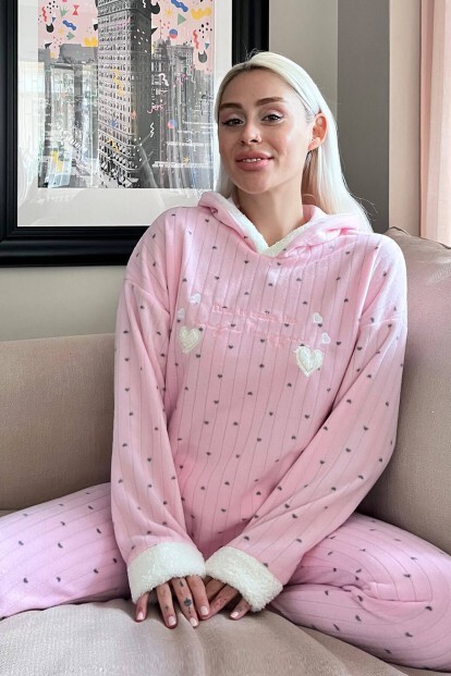 Toz Pembe Heart Magic Desenli Kapşonlu Peluş Polar Pijama - 6