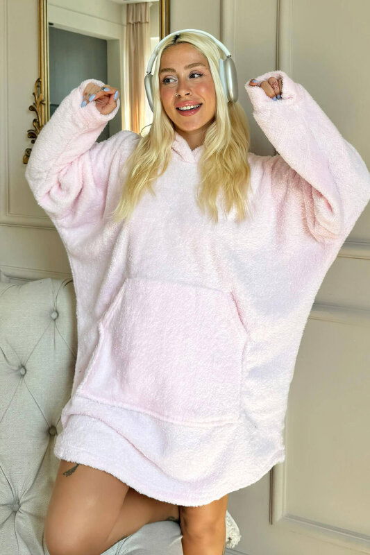 Toz Pembe Kapşonlu Tam Peluş Oversize Sweat Panço Pijama - Pijamaevi